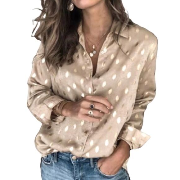 Blush & Gold Shimmer Design Sheer Long Sleeve Button Down Blouse - Picture 1 of 6